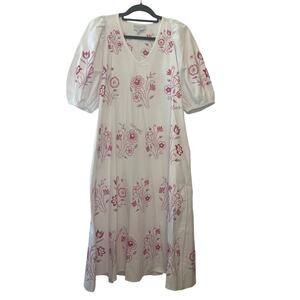 Mi Golondrina Floral Embroidered White Dress Size Small Purple Pink Pockets